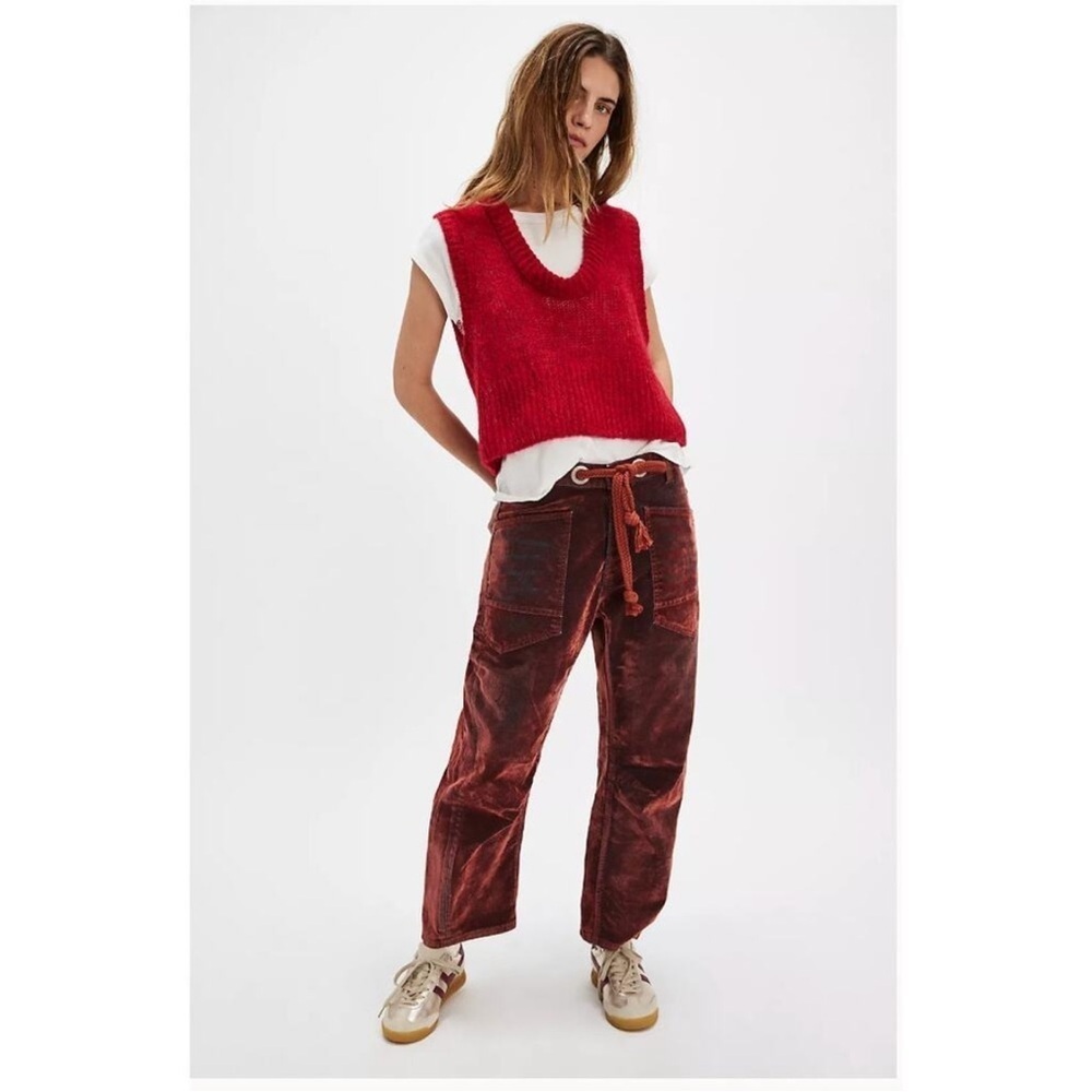 Free People We The Free Moxie Flocked Pull-On Barrel Jeans 30 NWT